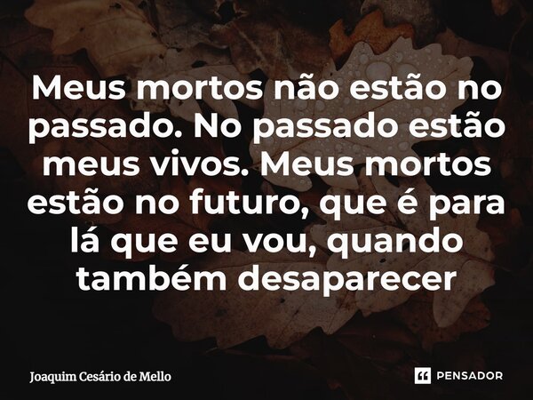 ⁠Meus mortos não estão no passado. No passado estão meus vivos. Meus mortos estão no futuro, que é para lá que eu vou, quando também desaparecer... Frase de Joaquim Cesário de Mello.