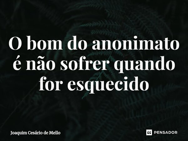 ⁠O bom do anonimato é não sofrer quando for esquecido... Frase de Joaquim Cesário de Mello.