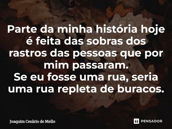 ⁠⁠Parte da minha história hoje é feita das sobras dos rastros das pessoas que por mim passaram. Se eu fosse uma rua, seria uma rua repleta de buracos.... Frase de Joaquim Cesário de Mello.