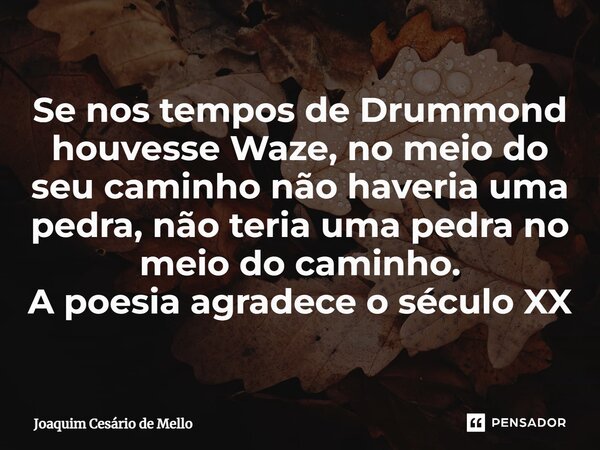 ⁠Se nos tempos de Drummond houvesse Waze, no meio do seu caminho não haveria uma pedra, não teria uma pedra no meio do caminho. A poesia agradece o século XX... Frase de Joaquim Cesário de Mello.