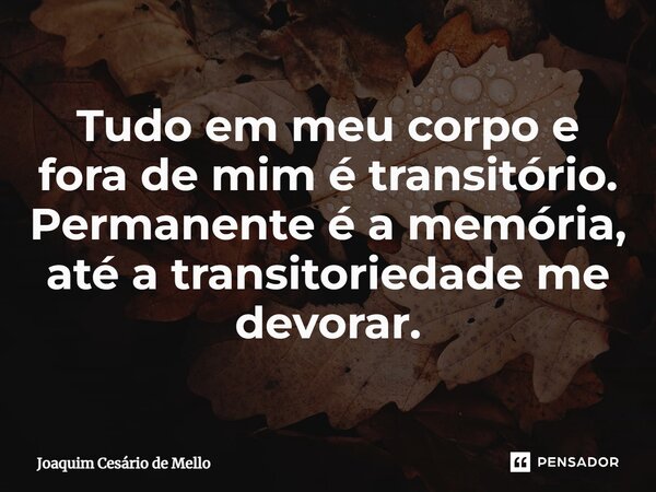 ⁠Tudo em meu corpo e fora de mim é transitório. Permanente é a memória, até a transitoriedade me devorar.... Frase de Joaquim Cesário de Mello.