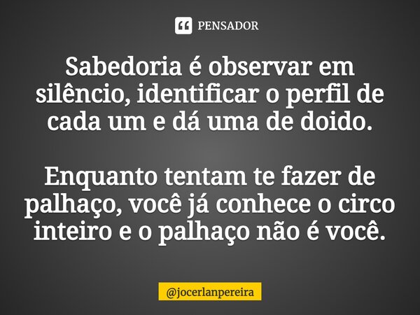 ⁠Sabedoria é observar em silêncio, identificar o perfil de cada um e dá uma de doido. Enquanto tentam te fazer de palhaço, você já conhece o circo inteiro e o p... Frase de jocerlanpereira.