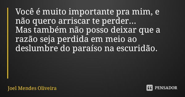Você é muito importante pra mim, e não quero arriscar te perder... Mas também não posso deixar que a razão seja perdida em meio ao deslumbre do paraíso na escur... Frase de Joel Mendes Oliveira.