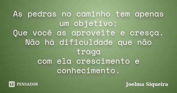 As pedras no caminho tem apenas um objetivo: Que você as aproveite e cresça. Não há dificuldade que não traga com ela crescimento e conhecimento.... Frase de Joelma Siqueira.