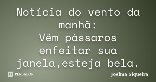 Notícia do vento da manhã: Vêm pássaros enfeitar sua janela,esteja bela.... Frase de Joelma Siqueira.