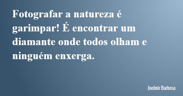 Fotografar a natureza é garimpar! É encontrar um diamante onde todos olham e ninguém enxerga.... Frase de Joelmir Barbosa.