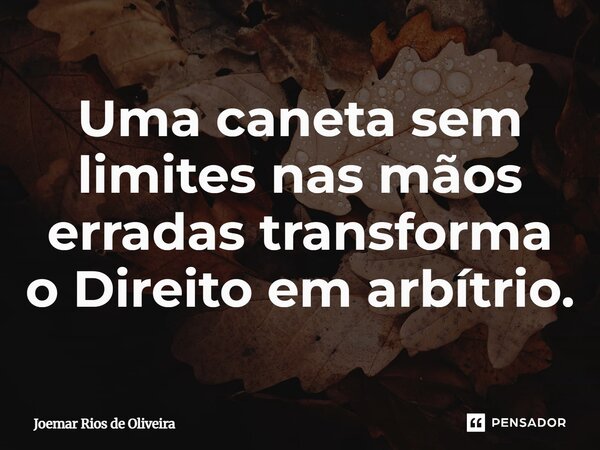 ⁠Uma caneta sem limites nas mãos erradas transforma o Direito em arbítrio.... Frase de JOEMAR RIOS DE OLIVEIRA.
