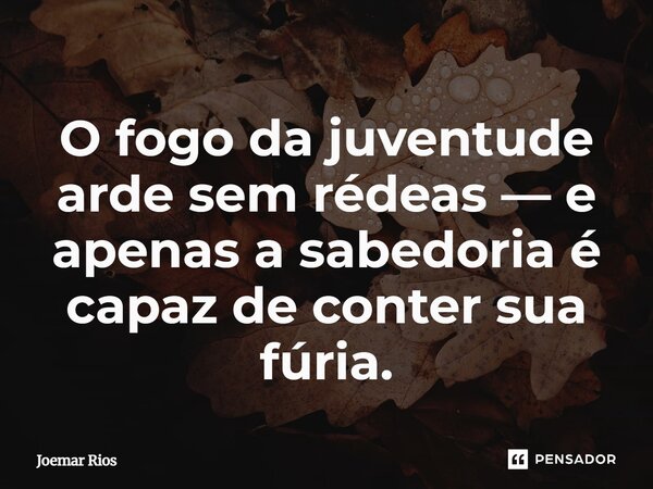 ⁠O fogo da juventude arde sem rédeas — e apenas a sabedoria é capaz de conter sua fúria.... Frase de Joemar Rios.