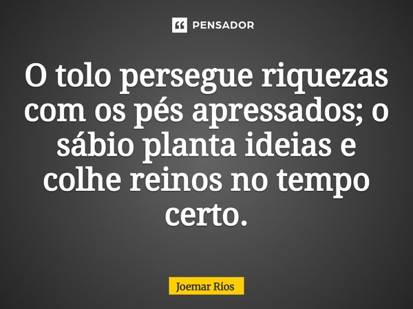 ⁠O tolo persegue riquezas com os pés apressados; o sábio planta ideias e colhe reinos no tempo certo.... Frase de Joemar Rios.