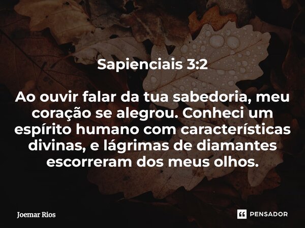 ⁠Sapienciais 3:2 Ao ouvir falar da tua sabedoria, meu coração se alegrou. Conheci um espírito humano com características divinas, e lágrimas de diamantes escorr... Frase de Joemar Rios.