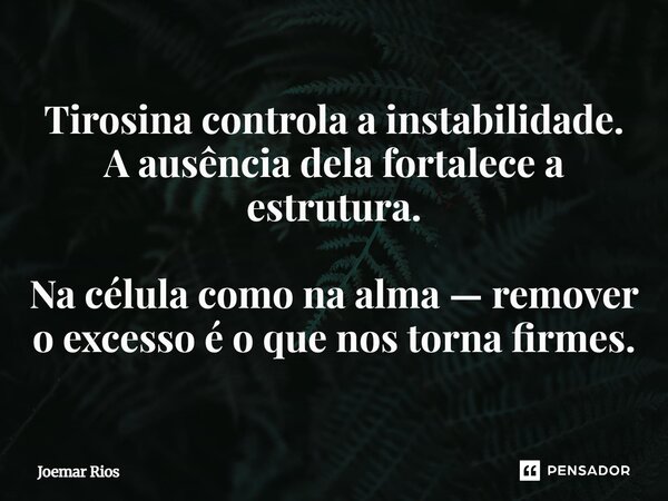 ⁠Tirosina controla a instabilidade. A ausência dela fortalece a estrutura. Na célula como na alma — remover o excesso é o que nos torna firmes.... Frase de Joemar Rios.