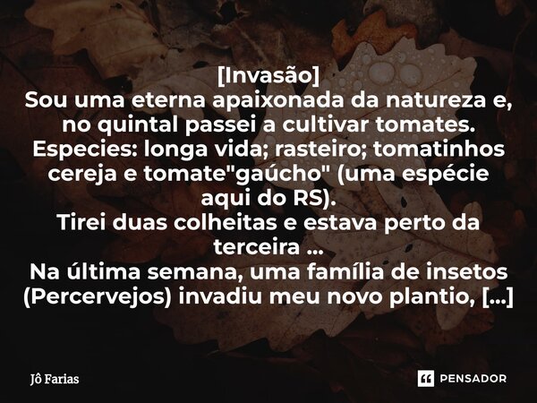 [Invasão] ⁠Sou uma eterna apaixonada da natureza e, no quintal passei a cultivar tomates. Especies: longa vida; rasteiro; tomatinhos cereja e tomate "gaúch... Frase de Jô Farias.