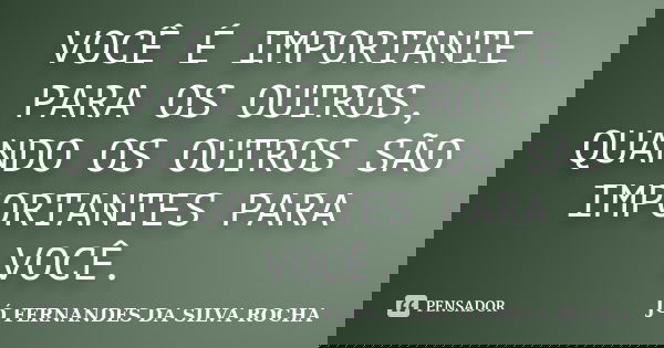 VOCÊ É IMPORTANTE PARA OS OUTROS, QUANDO OS OUTROS SÃO IMPORTANTES PARA VOCÊ.... Frase de JÓ FERNANDES DA SILVA ROCHA.