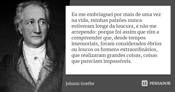 Eu me embriaguei por mais de uma vez na vida, minhas paixões nunca estiveram longe da loucura, e não me arrependo: porque foi assim que vim a compreender que, d... Frase de Johann Goethe.