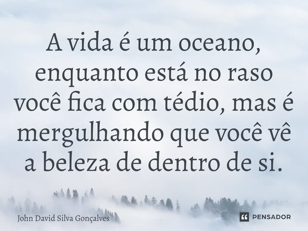 ⁠⁠A vida é um oceano, enquanto está no raso você fica com tédio, mas é mergulhando que você vê a beleza de dentro de si.... Frase de John David Silva Gonçalves.