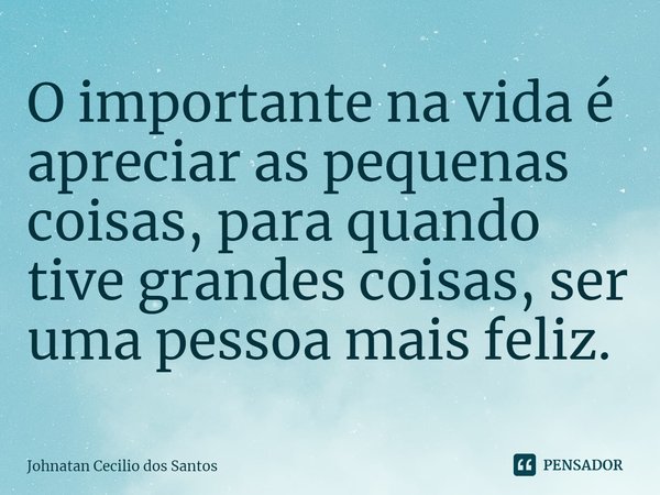 ⁠O importante na vida é apreciar as pequenas coisas, para quando tive grandes coisas, ser uma pessoa mais feliz.... Frase de Johnatan Cecilio dos Santos.