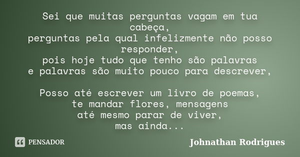 Sei que muitas perguntas vagam em tua cabeça, perguntas pela qual infelizmente não posso responder, pois hoje tudo que tenho são palavras e palavras são muito p... Frase de Johnathan Rodrigues.