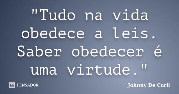 "Tudo na vida obedece a leis. Saber obedecer é uma virtude."... Frase de Johnny De' Carli.