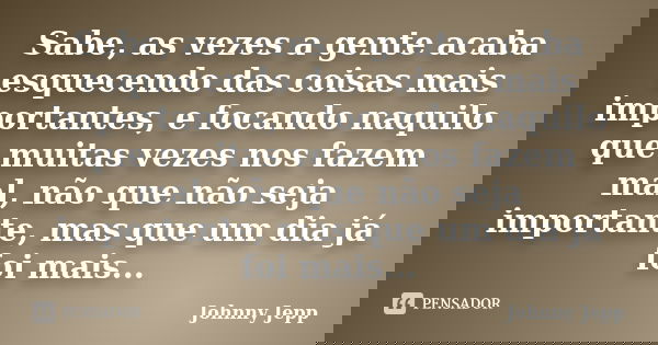 Sabe, as vezes a gente acaba esquecendo das coisas mais importantes, e focando naquilo que muitas vezes nos fazem mal, não que não seja importante, mas que um d... Frase de Johnny Jepp.