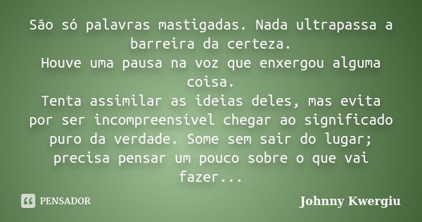 São só palavras mastigadas. Nada ultrapassa a barreira da certeza. Houve uma pausa na voz que enxergou alguma coisa. Tenta assimilar as ideias deles, mas evita ... Frase de Johnny Kwergiu.