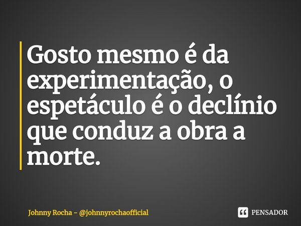 ⁠Gosto mesmo é da experimentação, o espetáculo é o declínio que conduz a obra a morte.... Frase de Johnny Rocha - johnnyrochaofficial.