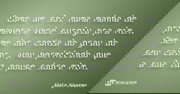 Como um sol numa manha de primavera você surgiu pra mim. Sem me dar conta do grau do seu calor, vou permitindo que a sua luz pouse sobre mim.... Frase de Joice Soares.