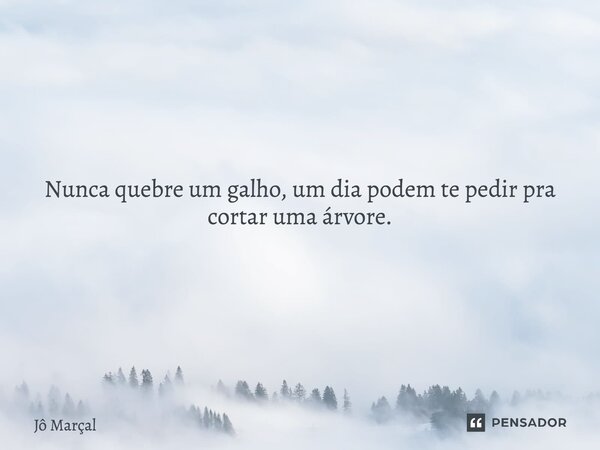 ⁠Nunca quebre um galho, um dia podem te pedir pra cortar uma árvore.... Frase de Jô Marçal.