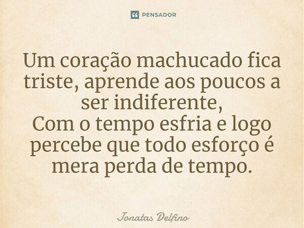 Um coração machucado fica triste, aprende aos poucos a ser indiferente, Com o tempo esfria e logo percebe que todo esforço é mera perda de tempo.... Frase de Jonatas Delfino.