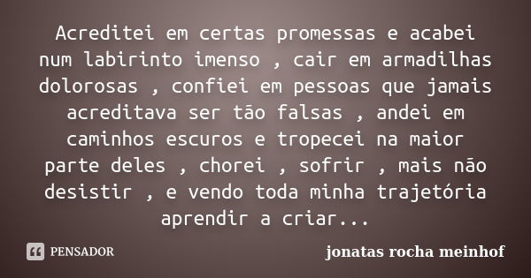 Acreditei em certas promessas e acabei num labirinto imenso , cair em armadilhas dolorosas , confiei em pessoas que jamais acreditava ser tão falsas , andei em ... Frase de Jonatas Rocha Meinhof.