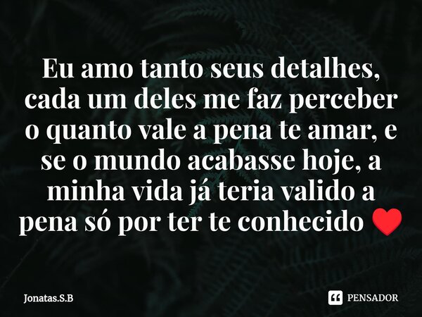 ⁠Eu amo tanto seus detalhes, cada um deles me faz perceber o quanto vale a pena te amar, e se o mundo acabasse hoje, a minha vida já teria valido a pena só por ... Frase de Jonatas.S.B.