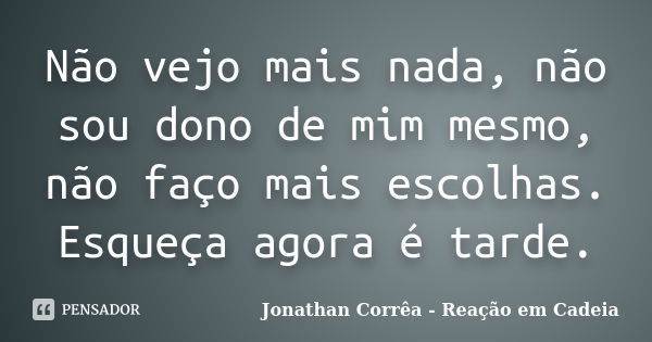 Não vejo mais nada, não sou dono de mim mesmo, não faço mais escolhas. Esqueça agora é tarde.... Frase de Jonathan Corrêa - Reação em Cadeia.