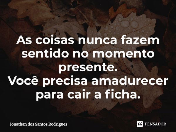 ⁠As coisas nunca fazem sentido no momento presente.
Você precisa amadurecer para cair a ficha.... Frase de Jonathan dos Santos Rodrigues.