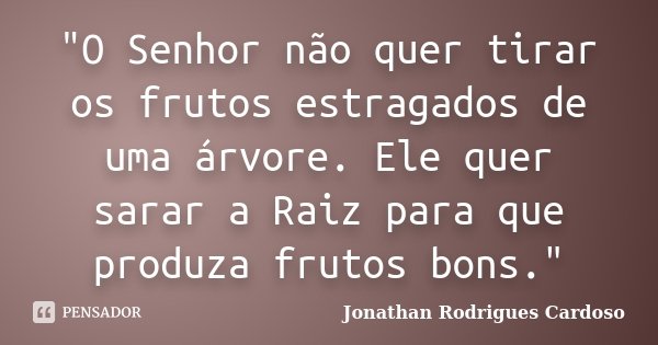 "O Senhor não quer tirar os frutos estragados de uma árvore. Ele quer sarar a Raiz para que produza frutos bons."... Frase de Jonathan Rodrigues Cardoso.