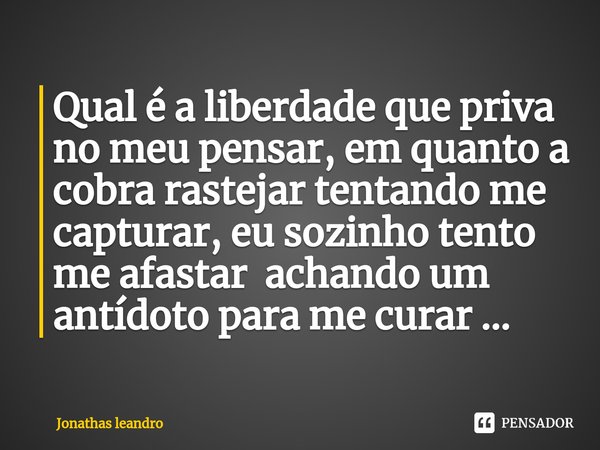 Qual é a liberdade que priva no meu pensar, em quanto a cobra rastejar tentando me capturar, eu sozinho tento me afastar achando um antídoto para me curar ...... Frase de Jonathas leandro.