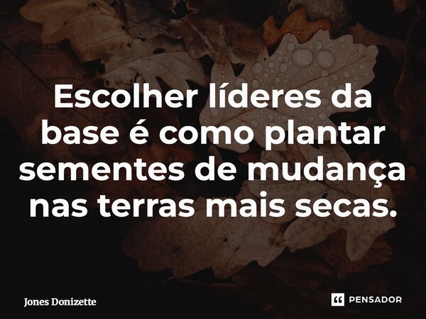 ⁠Escolher líderes da base é como plantar sementes de mudança nas terras mais secas.... Frase de Jones Donizette.