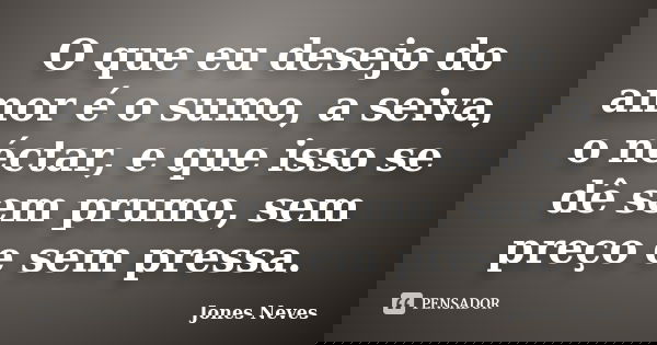 O que eu desejo do amor é o sumo, a seiva, o néctar, e que isso se dê sem prumo, sem preço e sem pressa.... Frase de Jones Neves.