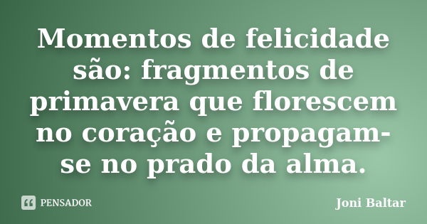 Momentos de felicidade são: fragmentos de primavera que florescem no coração e propagam-se no prado da alma.... Frase de Joni Baltar.