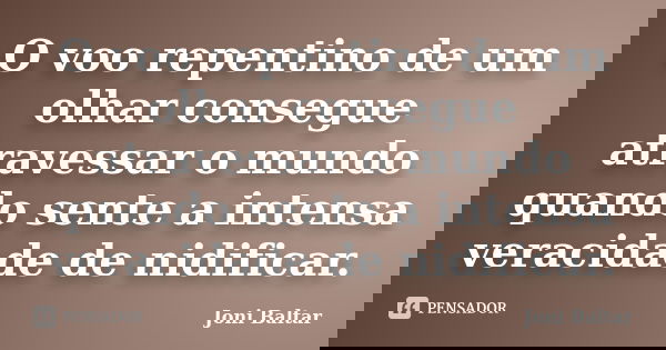 O voo repentino de um olhar consegue atravessar o mundo quando sente a intensa veracidade de nidificar.... Frase de Joni Baltar.