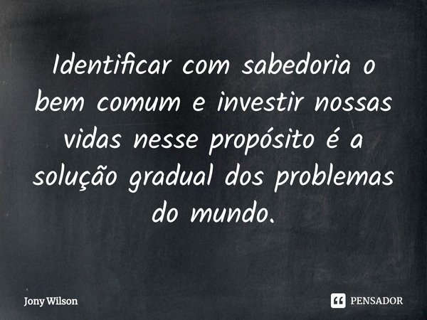 ⁠Identificar com sabedoria o bem comum e investir nossas vidas nesse propósito é a solução gradual dos problemas do mundo.... Frase de Jony Wilson.
