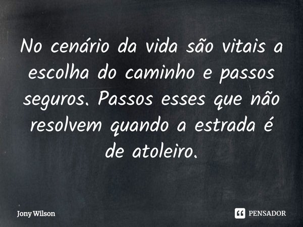 ⁠No cenário da vida são vitais a escolha do caminho e passos seguros. Passos esses que não resolvem quando a estrada é de atoleiro.... Frase de Jony Wilson.