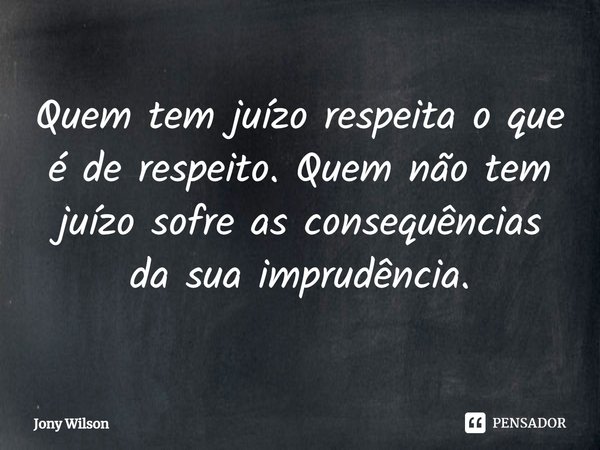 Quem tem juízo respeita o que é de respeito. Quem não tem juízo sofre as consequências da sua imprudência.... Frase de Jony Wilson.