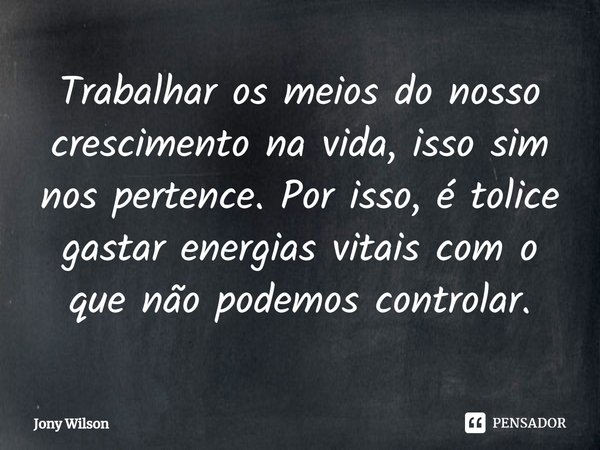 ⁠Trabalhar os meios do nosso crescimento na vida, isso, sim, nos pertence. Por isso, é tolice gastar energias vitais com o que não podemos controlar.... Frase de Jony Wilson.