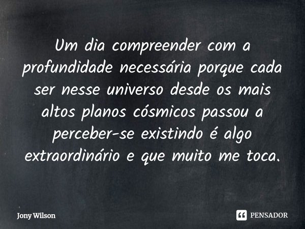 ⁠Um dia compreender com a profundidade necessária porque cada ser nesse universo desde os mais altos planos cósmicos passou a perceber-se existindo é algo extra... Frase de Jony Wilson.