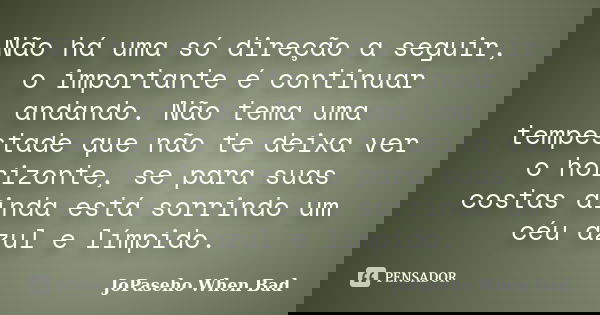Não há uma só direção a seguir, o importante é continuar andando. Não tema uma tempestade que não te deixa ver o horizonte, se para suas costas ainda está sorri... Frase de JoPaseho When Bad.