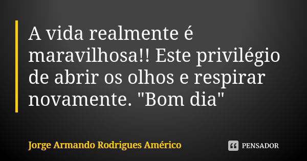 A vida realmente é maravilhosa!! Este privilégio de abrir os olhos e respirar novamente. "Bom dia"... Frase de Jorge Armando Rodrigues Américo.