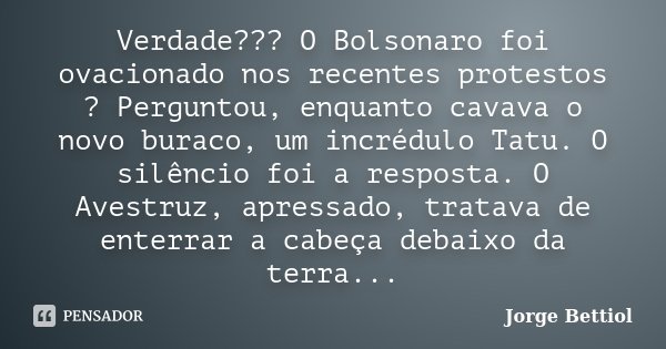 Verdade??? O Bolsonaro foi ovacionado nos recentes protestos ? Perguntou, enquanto cavava o novo buraco, um incrédulo Tatu. O silêncio foi a resposta. O Avestru... Frase de Jorge Bettiol.
