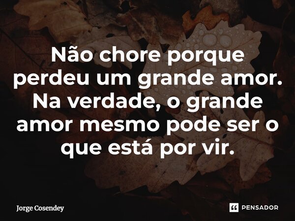 ⁠Não chore porque perdeu um grande amor. Na verdade, o grande amor mesmo pode ser o que está por vir.... Frase de Jorge Cosendey.