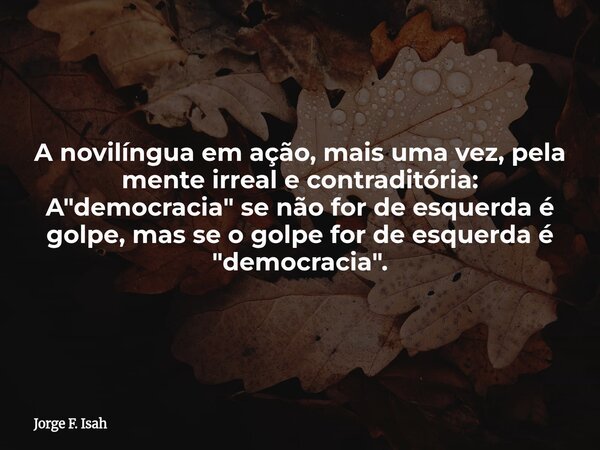 A novilíngua em ação, mais uma vez, pela mente irreal e contraditória: A "democracia" se não for de esquerda é golpe, mas se o golpe for de esquerda é... Frase de Jorge F. Isah.
