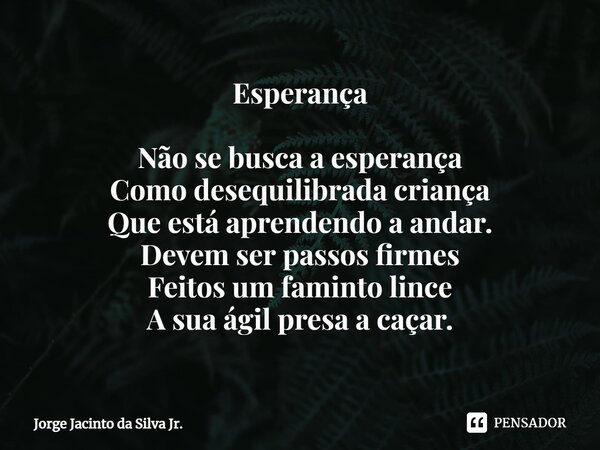 ⁠Esperança Não se busca a esperança Como desequilibrada criança Que está aprendendo a andar. Devem ser passos firmes Feitos um faminto lince A sua ágil presa a ... Frase de Jorge Jacinto da Silva Jr..