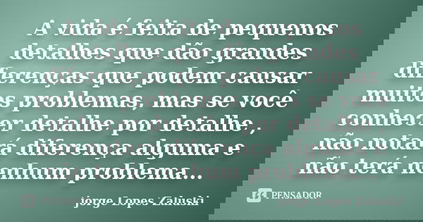 A vida é feita de pequenos detalhes que dão grandes diferenças que podem causar muitos problemas, mas se você conhecer detalhe por detalhe , não notará diferenç... Frase de jorge Lopes Zaluski.